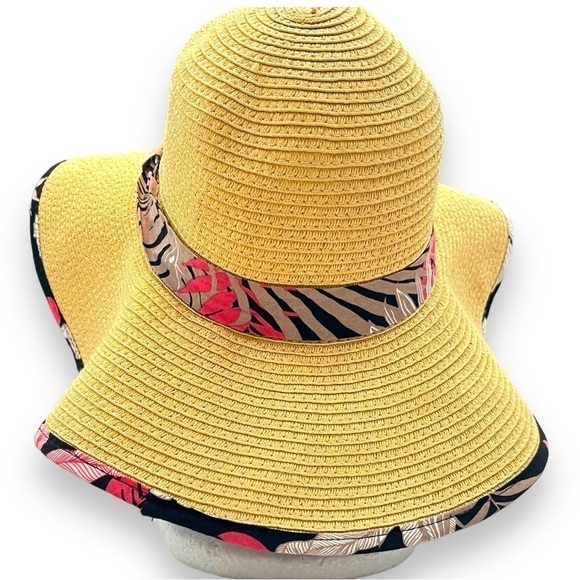 C.C Floppy Wide Brim Tan Straw Sun Hat Floral Pattern Ribbon & Adjustable Ties - Picture 4 of 12